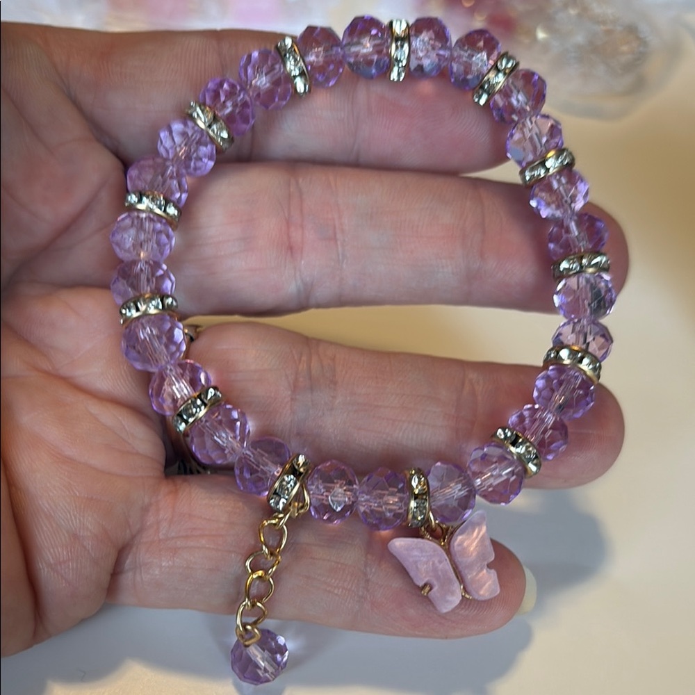 Lilac Purple Beaded Bracelet with Butterfly Charm